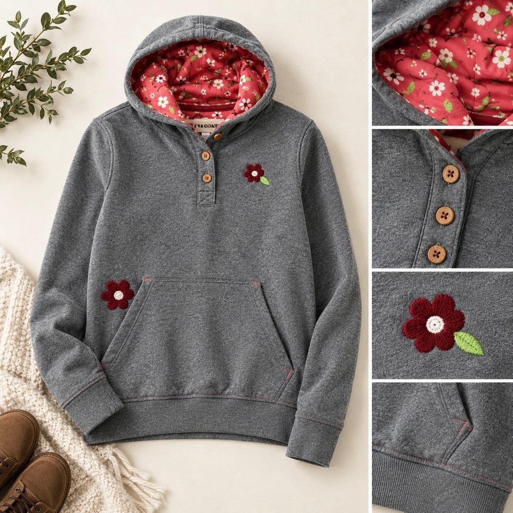 VTG Hatley Henley Hoodie Womens Medium Gray Floral Embroidered Applique Pullover